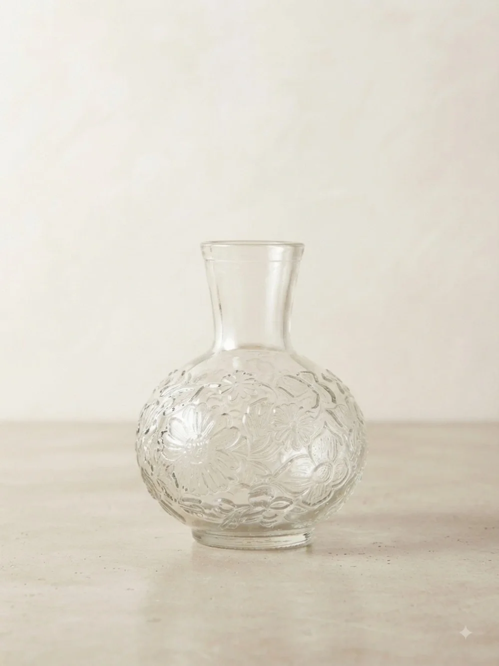 Vintage Clear Glass Water Decanter Embossed Floral Pattern Carafe Budvase